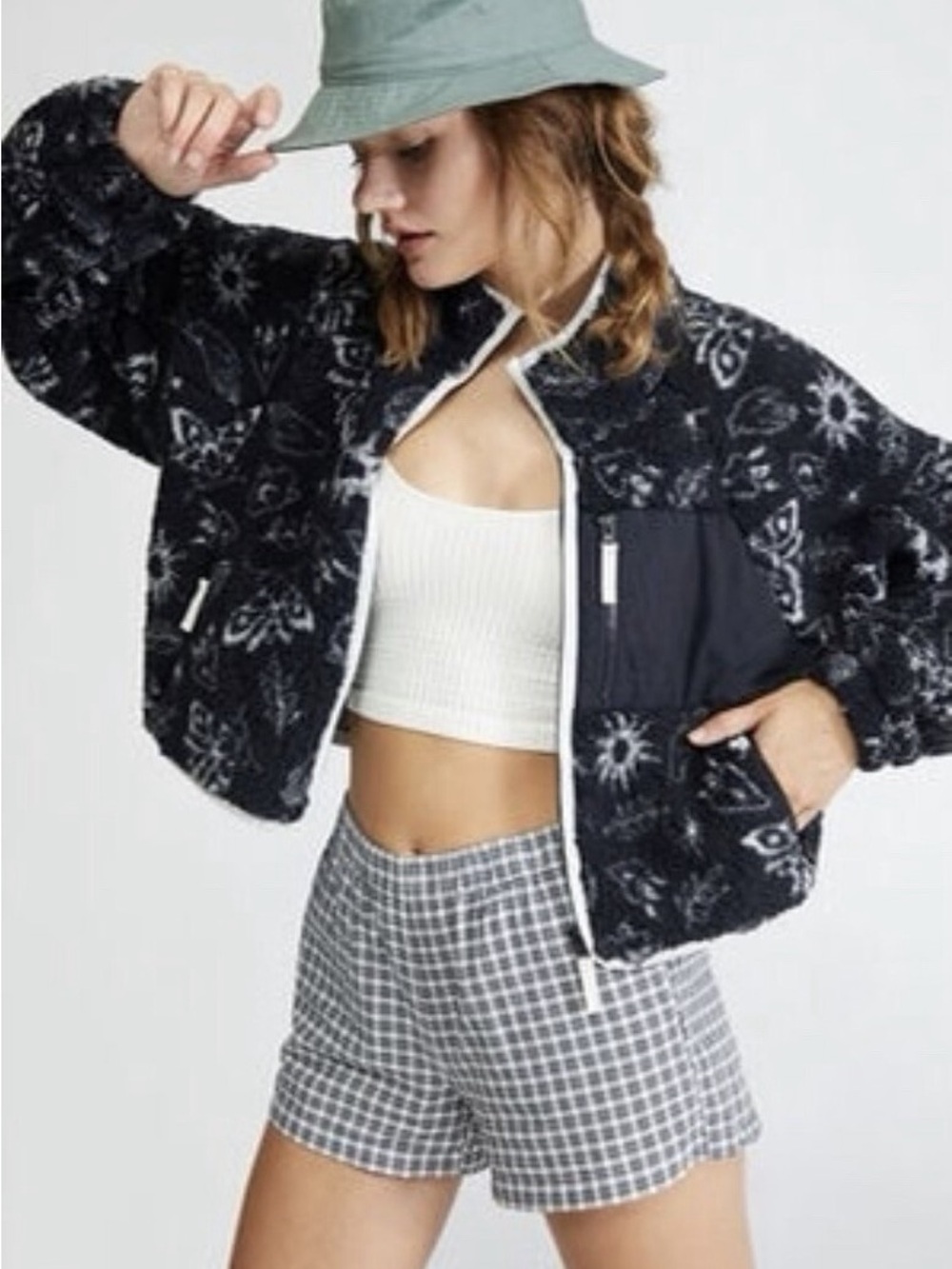PAC SUN Sherpa Celestial Butterfly Full Zip Crop Fleece Jacket Black White SMALL